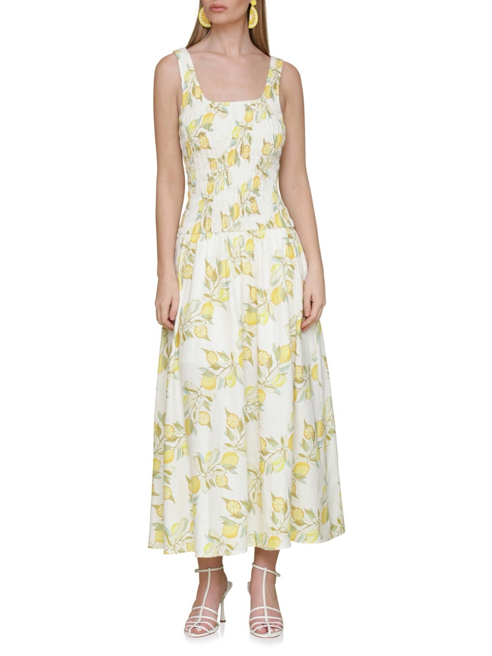 NWT Avec Les Filles Lemon Vine Linen Blend Smocked Maxi Dress Size L